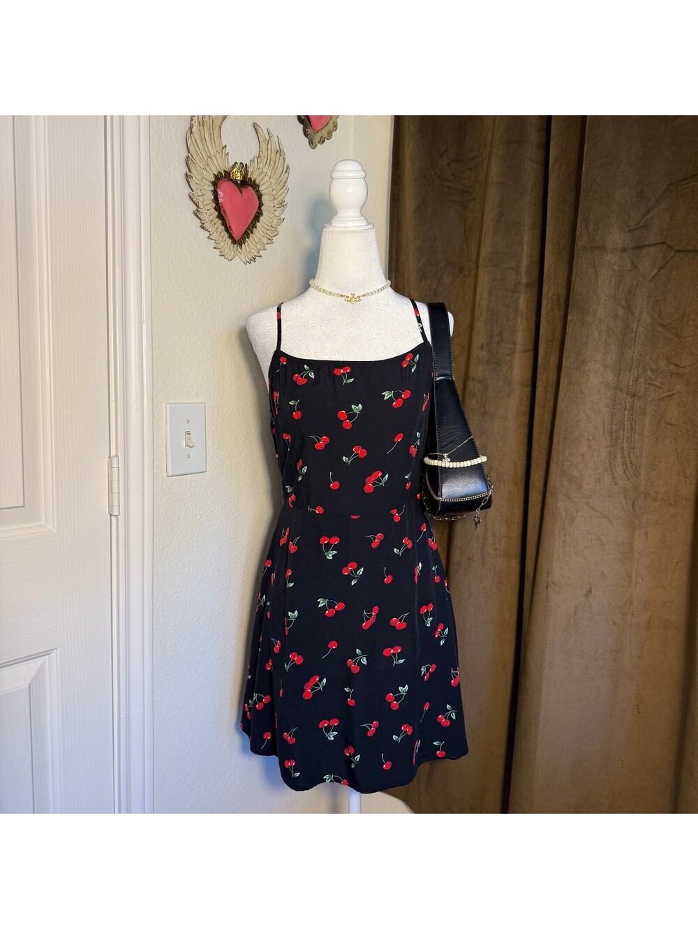 H&M Black Cherry Print Mini Dress Cami Strap Fit Flare Coquette Pinup Style Sz M